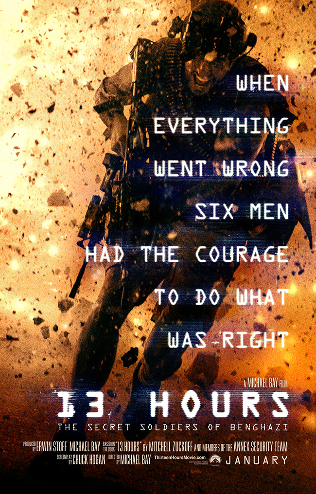 The movie poster for 13 Hours: The Secret Soldiers of Benghazi from Michael Bay