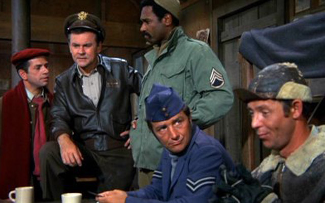 Cast of ‘Hogan’s Heroes’: Richard Dawson (center, in blue), left to right, Richard Clary, Bob Crane, Ivan Dixon and Larry Hovis