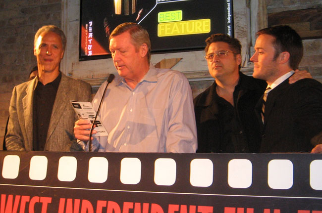 Best Feature Winner ‘The Merry Gentleman.’ Left to Right – Producers Steven A. Jones and Paul Duggan, Exec Producer Tom Bastounes, Midwest Indie Festival Director Mike McNamara at the BMAs in Chicago, December 1st, 2009.