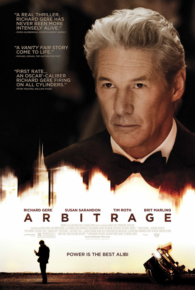 The movie poster for Arbitrage starring Richard Gere, Susan Sarandon and Tim Roth