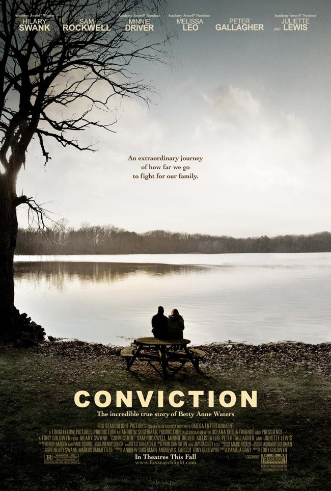 The movie poster for Conviction with Hilary Swank, Sam Rockwell and Minnie Driver