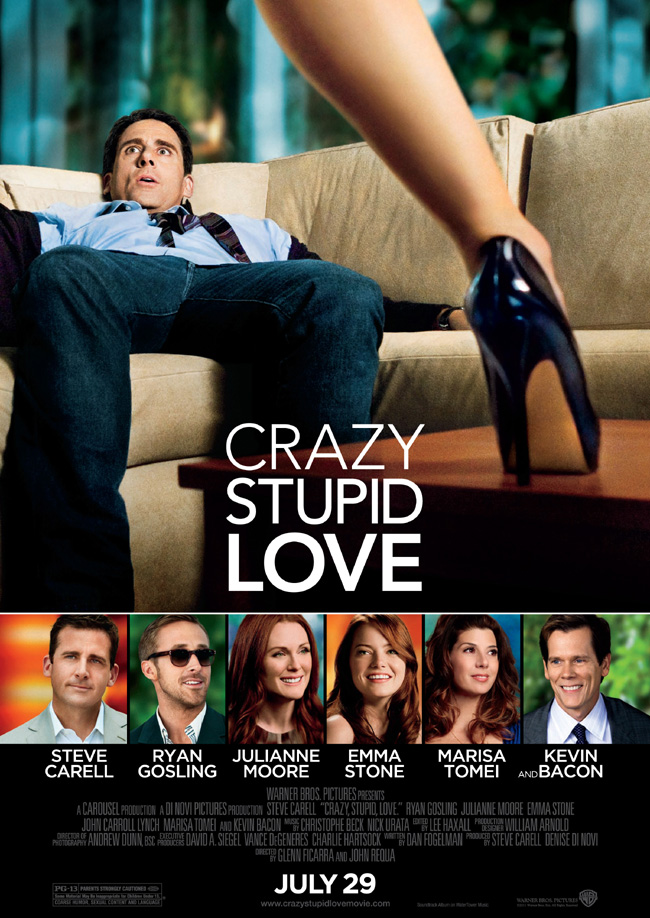 The movie poster for Crazy Stupid Love with Steve Carell, Ryan Gosling and Julianne Moore