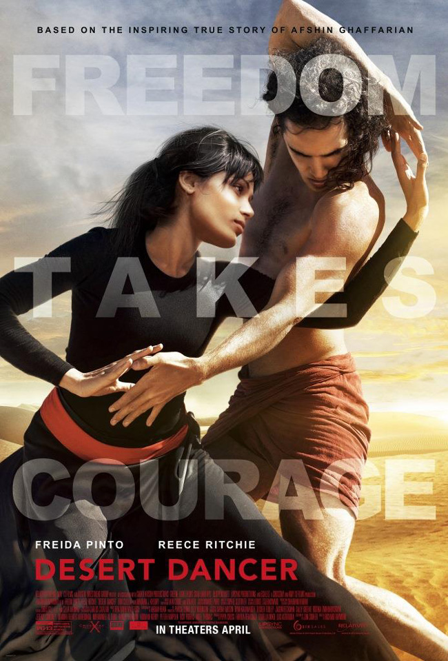 The movie poster for Desert Dancer starring Freida Pinto and Reece Ritchie