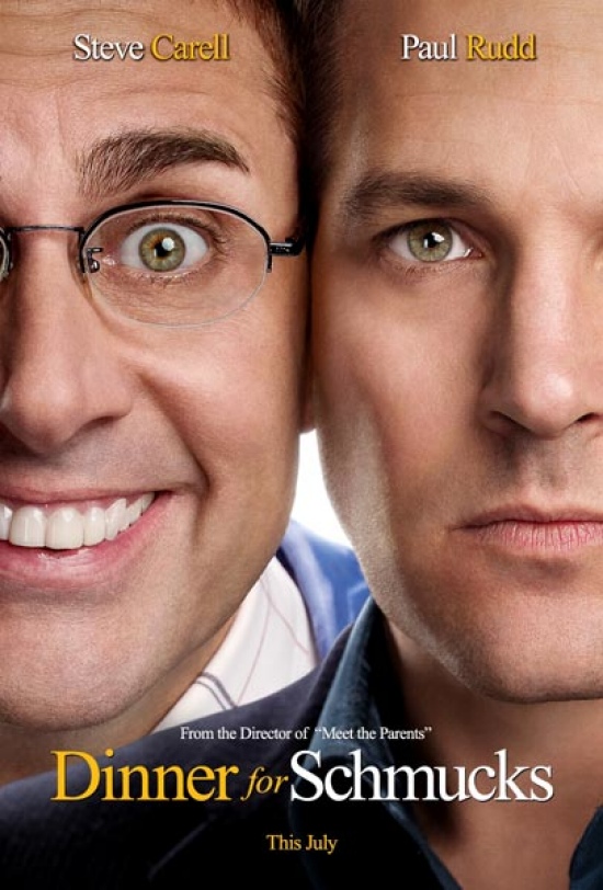 The movie poster for Dinner for Schmucks with Steve Carell and Paul Rudd