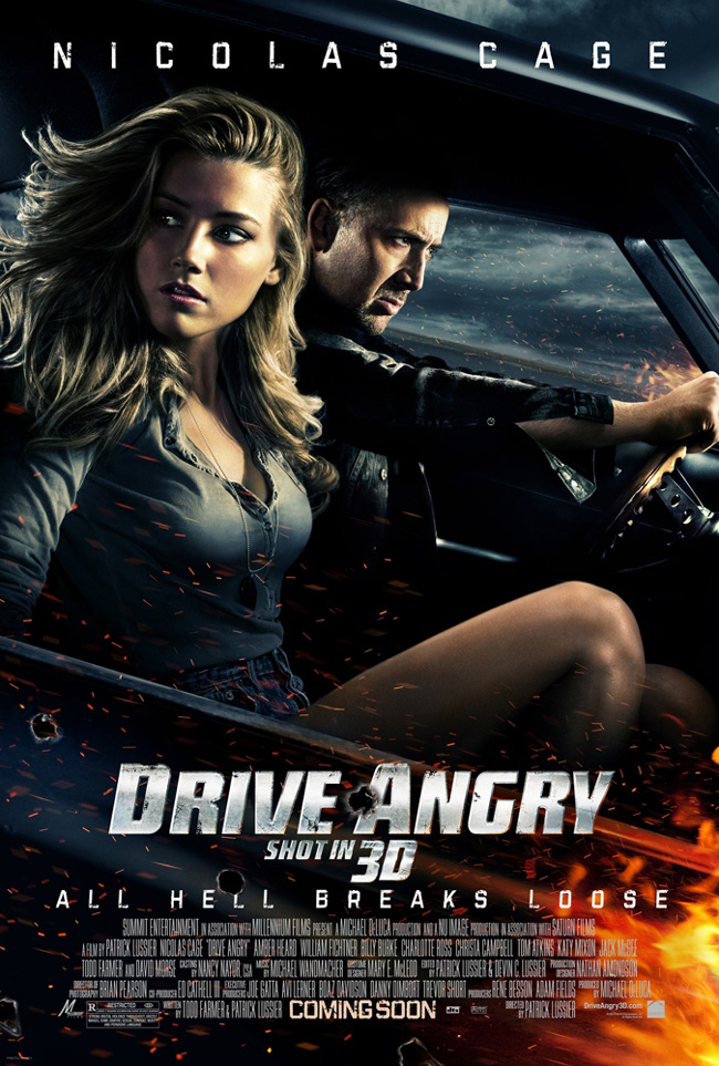 The movie poster for Drive Angry 3D with Nicolas Cage, Amber Heard and William Fichtner