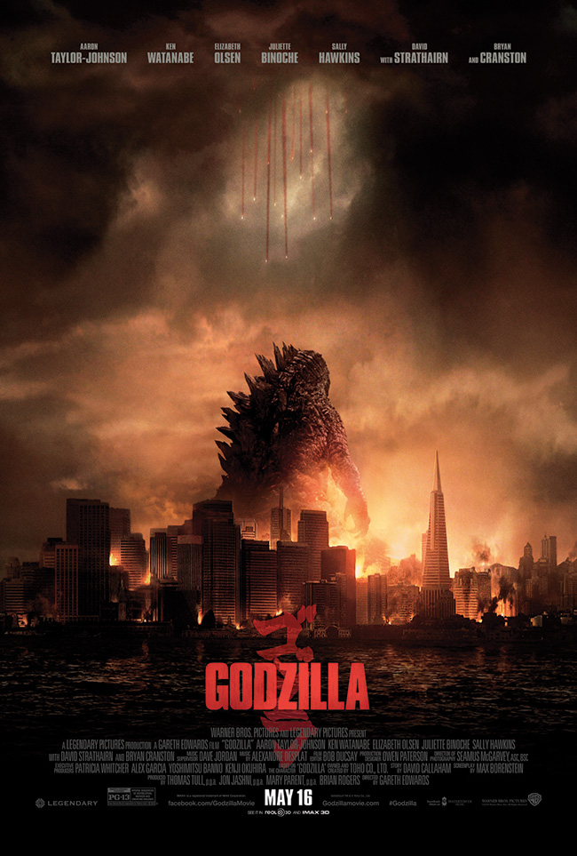 The movie poster for Godzilla starring Elizabeth Olsen and Aaron Taylor-Johnson