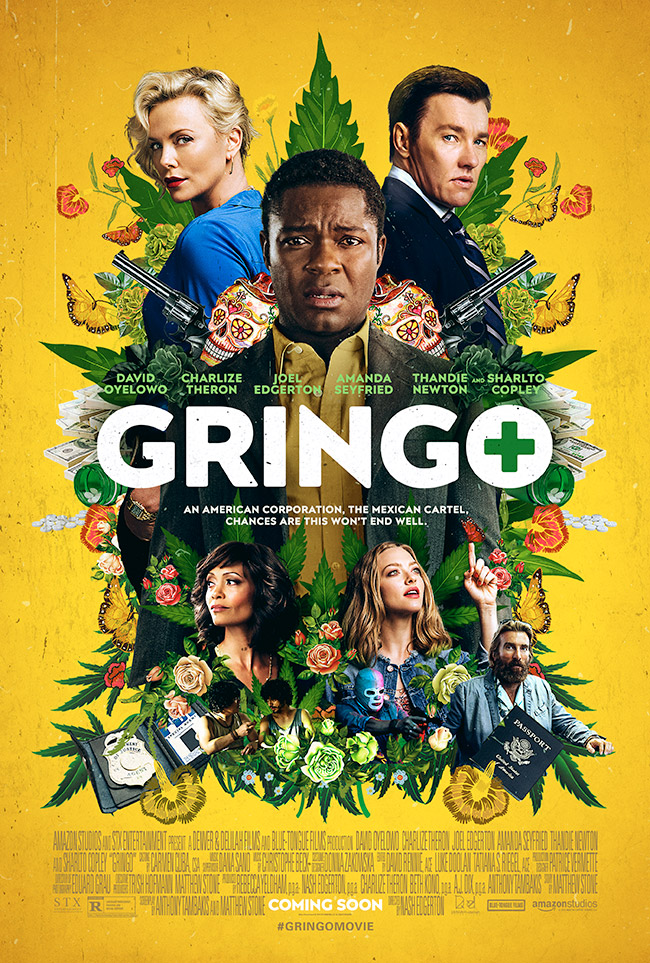 The movie poster for Gringo starring David Oyelowo, Charlize Theron and Joel Edgerton