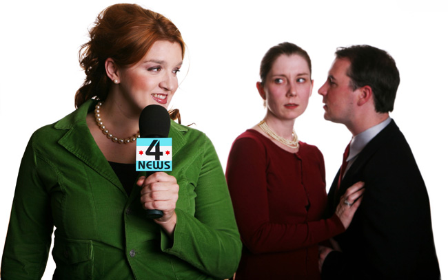 Karen Mosher (Shannon Hoag, left) digs up a scandal between the Cook County president's daughter (Cindy Weltz) (played by Kat McDonnell, center) and campaign manager Daniel Deering (John Ferrick, right) in Brett Neveu's world-premiere musical Old Town, which runs from April 27 to May 31, 2008 at the Strawdog Theatre in Chicago