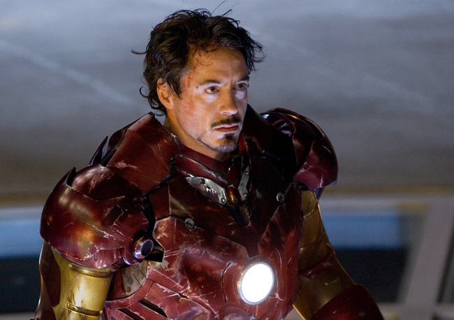 Tony Stark (Robert Downey Jr.) in his battle-scarred Mark III armor in Iron Man