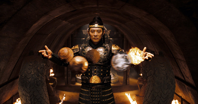 The vicious emperor (Jet Li) conjures the elements in The Mummy: Tomb of the Dragon Emperor, which races from the catacombs of ancient China high into the spectacular Himalayas