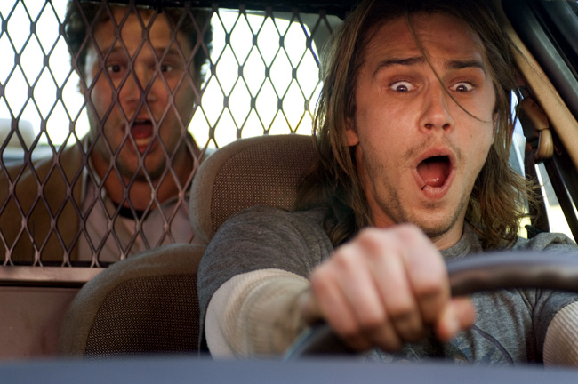 Dale Denton (Seth Rogen, left) and Saul Silver (James Franco, right) are two lazy stoners in Pineapple Express
