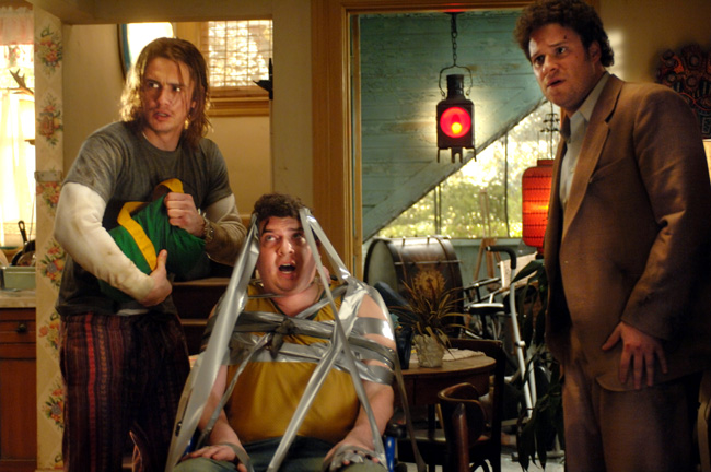 Saul Silver (James Franco, left), Red (Danny McBride, center) and Dale Denton (Seth Rogen, right) in Pineapple Express