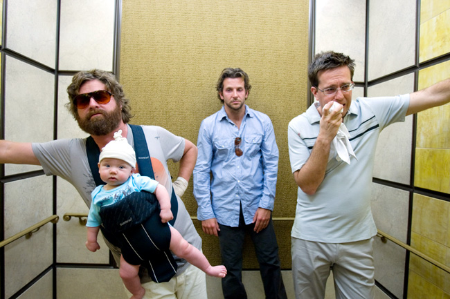 Left to right: Zach Galifianakis as Alan, baby Tyler, Bradley Cooper as Phil and Ed Helms as Stu in The Hangover