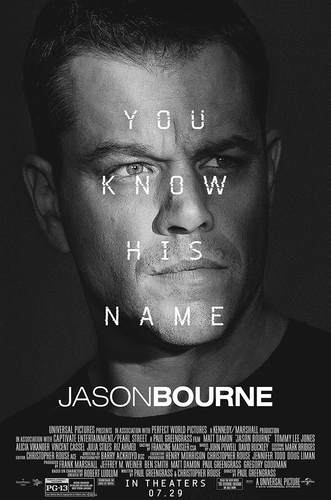 The movie poster for Jason Bourne starring Matt Damon and Alicia Vikander