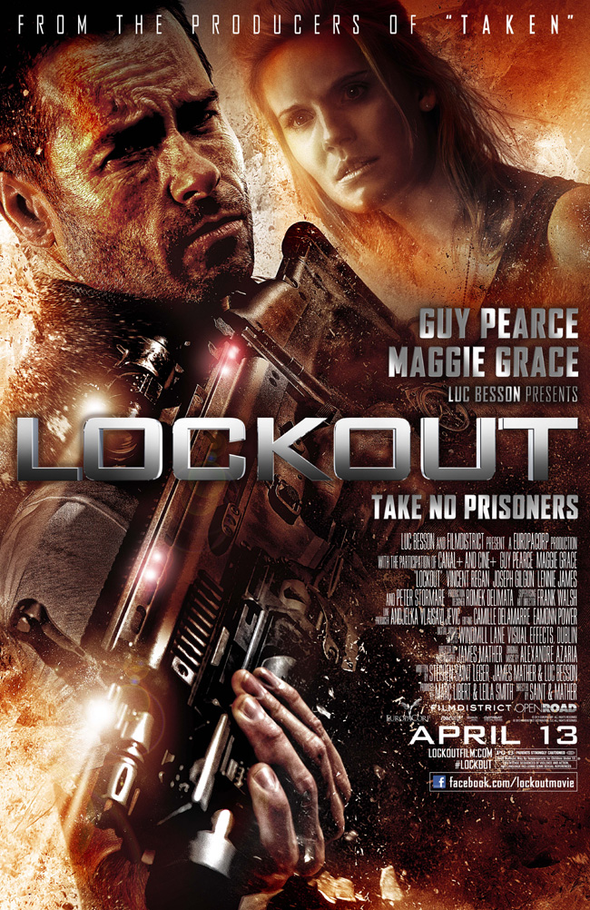 The movie poster for Lockout starring Guy Pearce and Maggie Grace