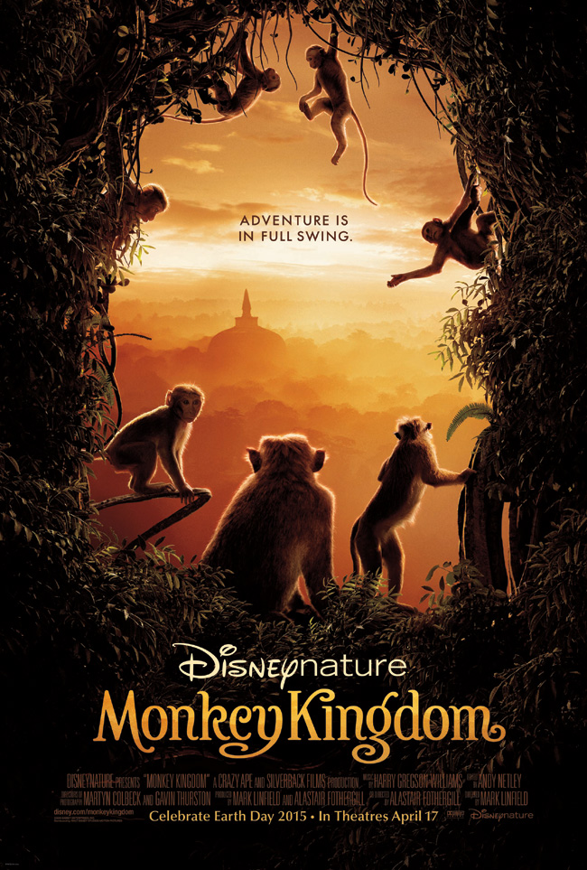 The movie poster for Disneynature's Monkey Kingdom with narrator Tina Fey