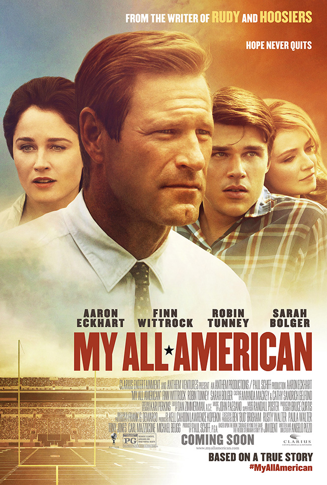 The movie poster for My All American starring Aaron Eckhart and Finn Wittrock
