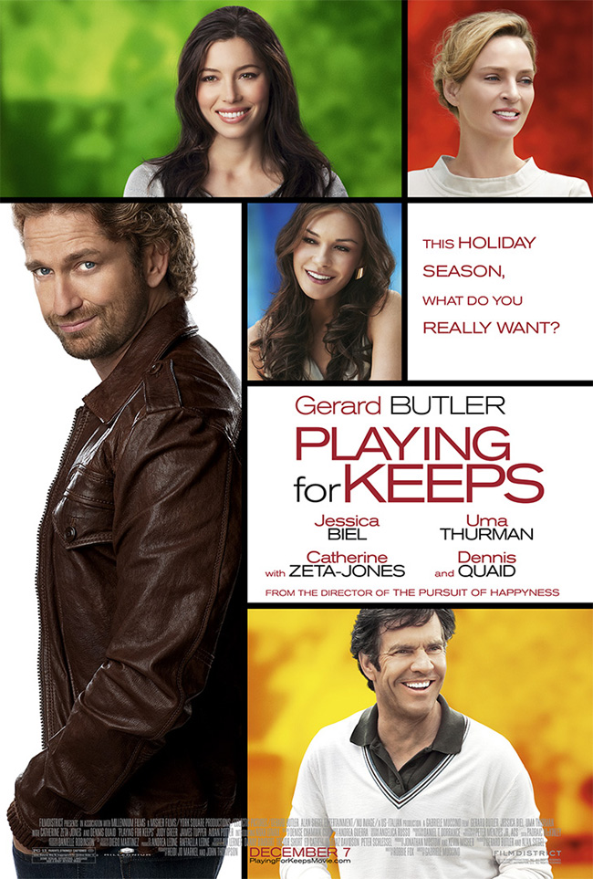 The movie poster for Playing For Keeps starring Gerard Butler and Jessica Biel