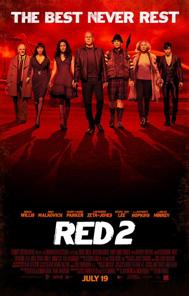 The movie poster for Red 2 with Bruce Willis, John Malkovich, Helen Mirren, Anthony Hopkins and Catherine Zeta-Jones