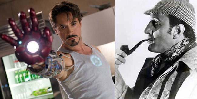 Robert Downey Jr. stars as Tony Stark and Iron Man in 2008's Iron Man (left) and Basil Rathbone as Sherlock Holmes (right) in 1939's The Hound of the Baskervilles