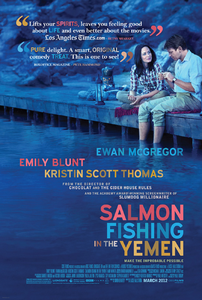 The movie poster for Salmon Fishing in the Yemen starring Ewan McGregor and Emily Blunt