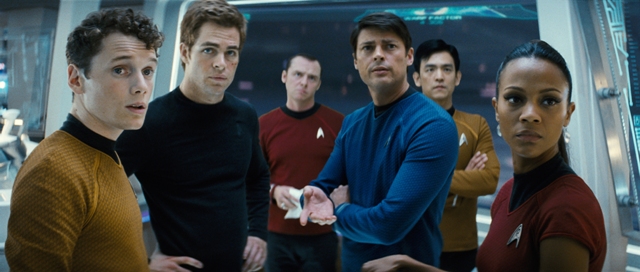 Chekov (Anton Yelchin), James T. Kirk (Chris Pine), Scotty (Simon Pegg), Bones (Karl Urban), Sulu (John Cho), and Uhura (Zoë Saldana) in "Star Trek."