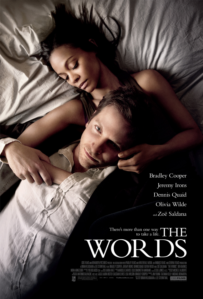 The movie poster for The Words starring Bradley Cooper, Zoe Saldana and Olivia Wilde
