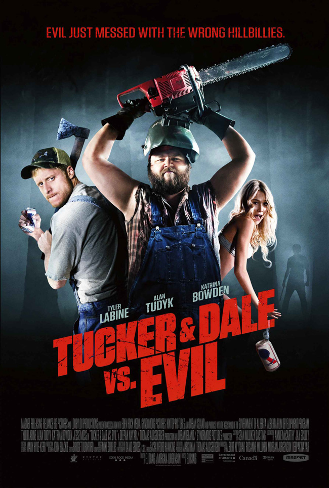 The movie poster for Tucker and Dale vs. Evil with Tyler Labine, Alan Tudyk and Katrina Bowden