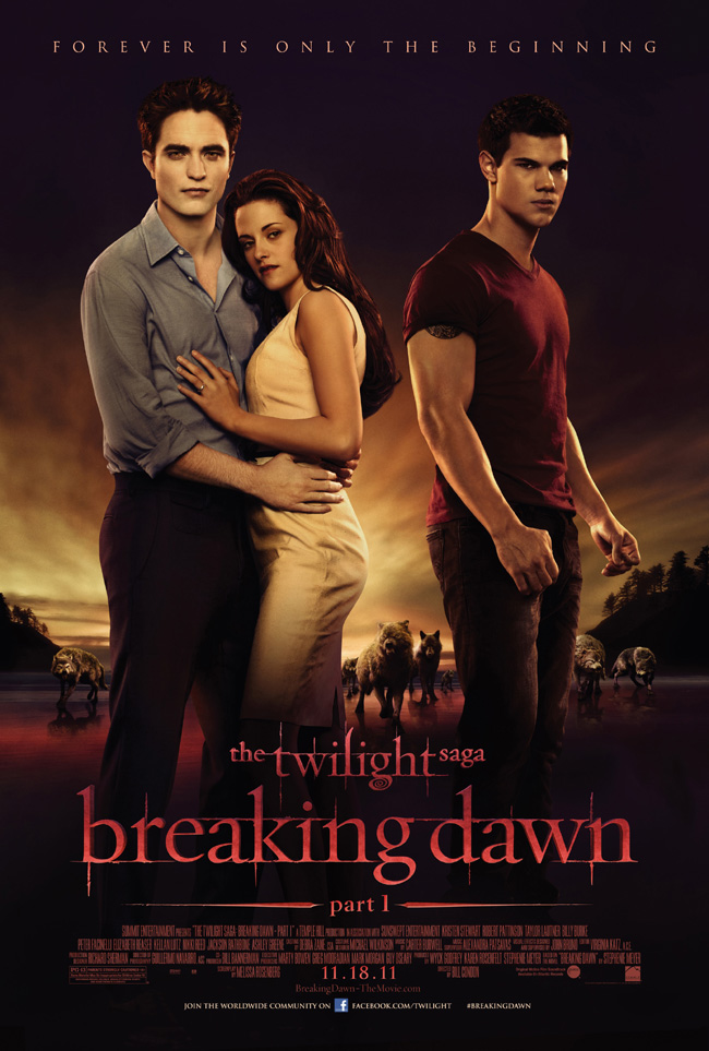 The movie poster for The Twilight Saga: Breaking Dawn -- Part 1 with Kristen Stewart and Robert Pattinson