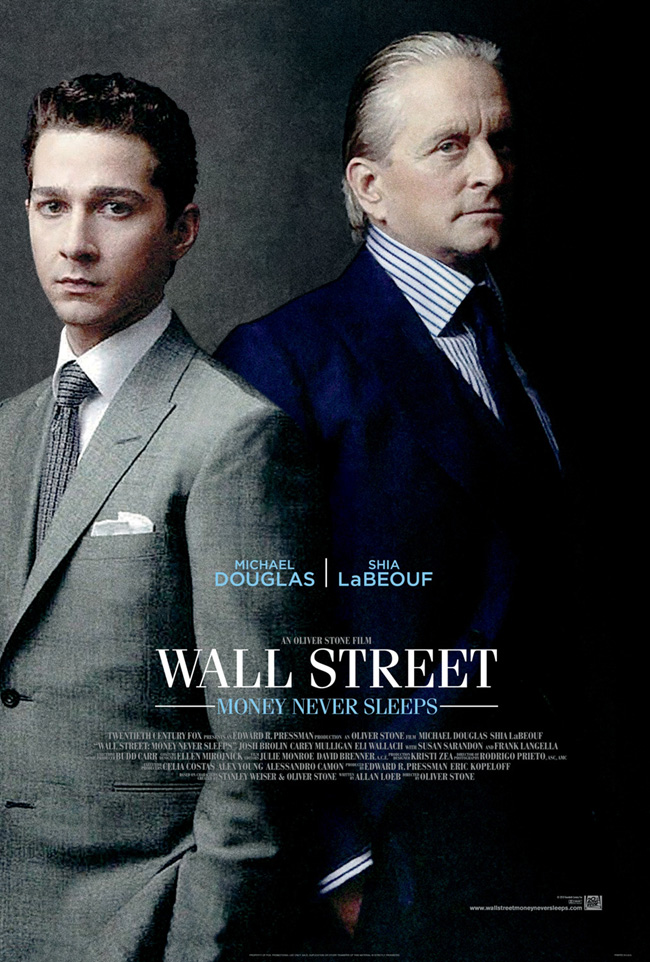 The movie poster for Wall Street: Money Never Sleeps with Michael Douglas and Shia LaBeouf