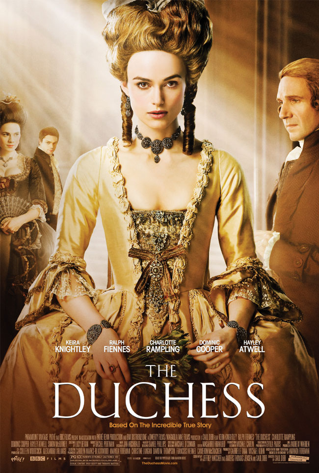 The Duchess features Keira Knightley, Ralph Fiennes, Hayley Atwell, Charlotte Rampling and Dominic Cooper